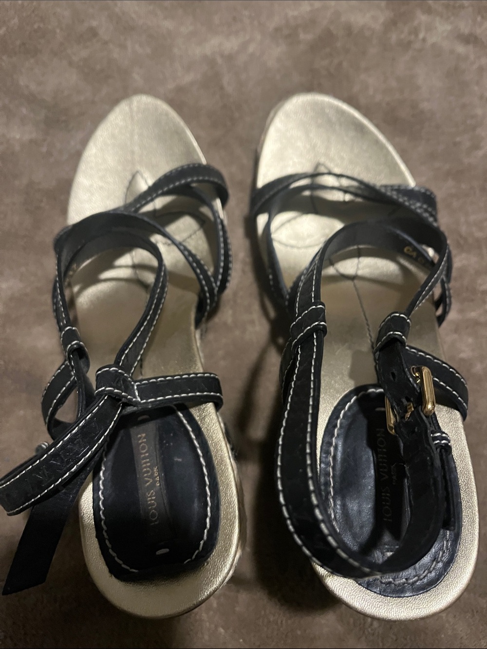 Louis Vuitton Black Leather Strappy Sandals with Gold Footbed